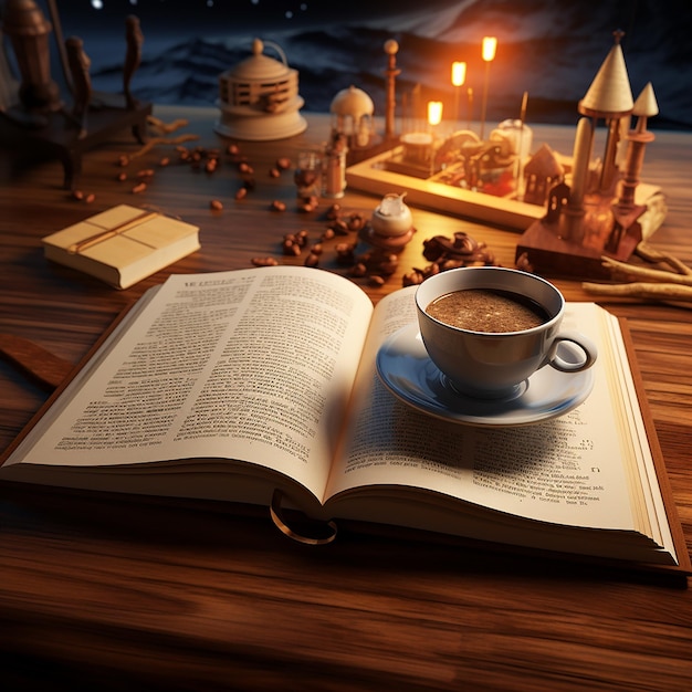 3d rendered photos of book and coffee