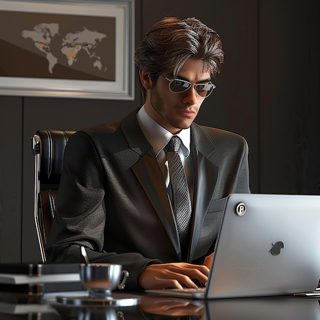 3d rendered photos of bossy young man working on laptop in office real man photos