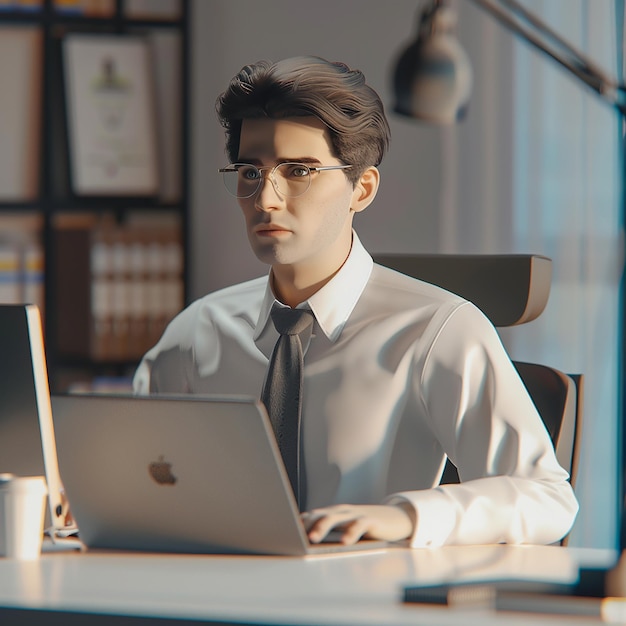 3d rendered photos of bossy young man working on laptop in office real man photos