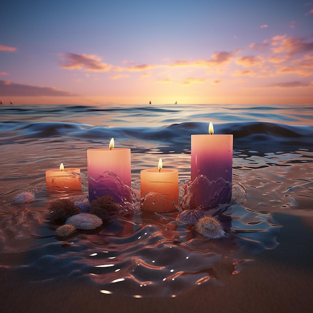 3d rendered photos of candles on beach