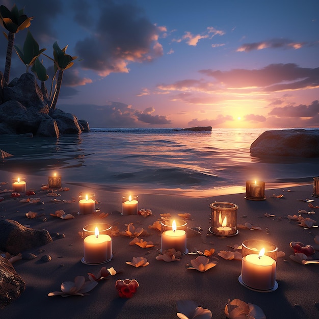 3d rendered photos of candles on beach