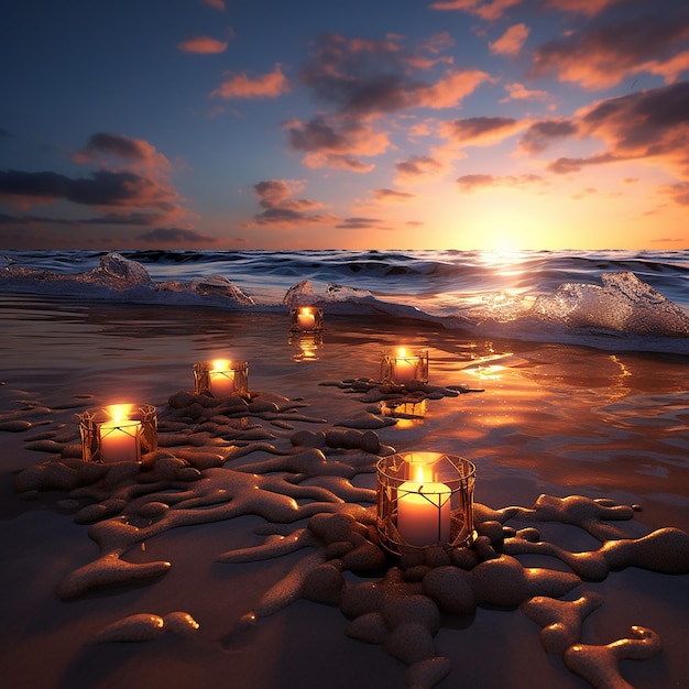 3d rendered photos of candles on beach