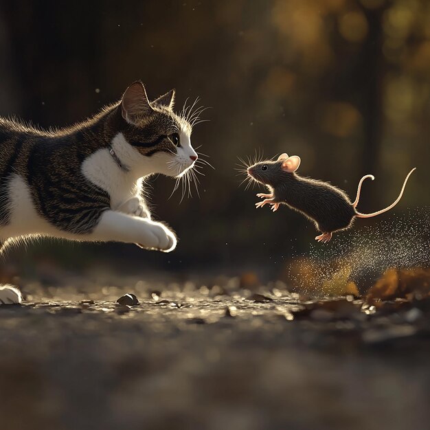 Photo 3d rendered photos of cat chasing the rat