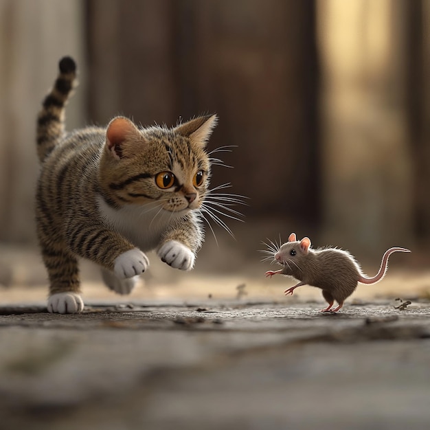 3d rendered photos of cat chasing the rat