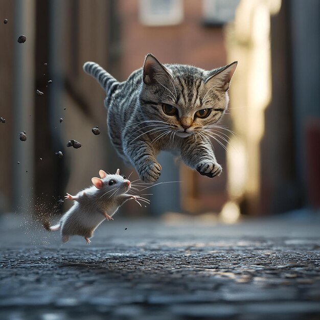 Photo 3d rendered photos of cat chasing the rat