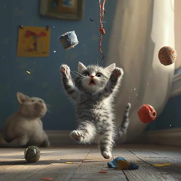 3d rendered photos of cats playing with different things