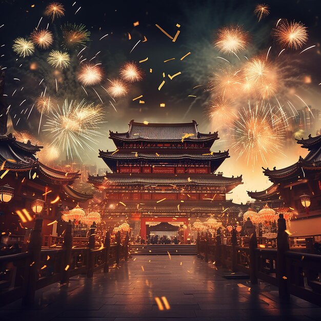 3d rendered photos of Chinese new year celebration with fireworks background