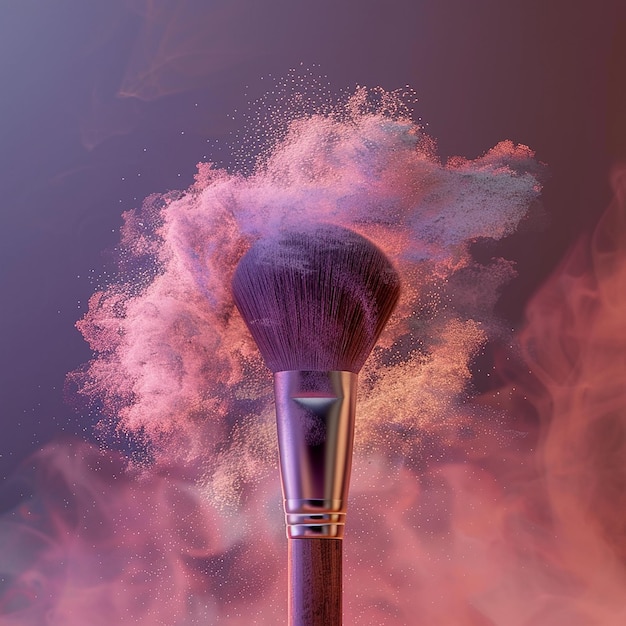 3d rendered photos of close up makeup brush blowing colored powder colored background