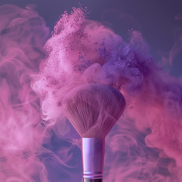 3d rendered photos of close up makeup brush blowing colored powder colored background