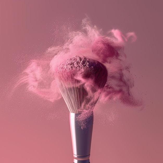 3d rendered photos of close up makeup brush blowing colored powder colored background