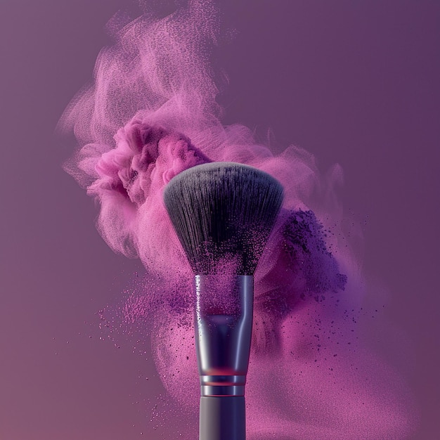 3d rendered photos of close up makeup brush blowing colored powder colored background