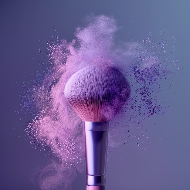 3d rendered photos of close up makeup brush blowing colored powder colored background