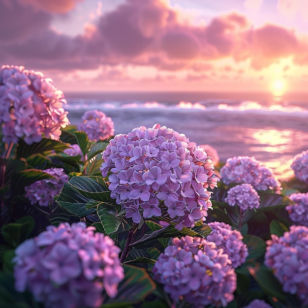 3d rendered photos of colored lavender hydrangeas under the sunset with the ocean in the distance