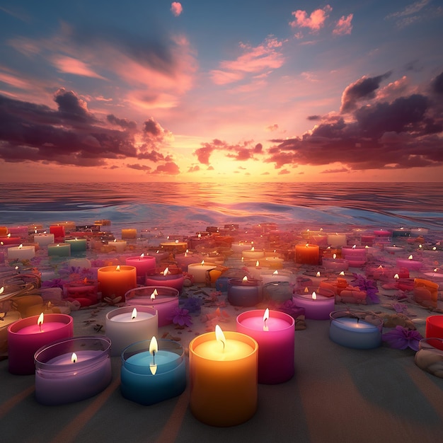 3d rendered photos of colorful candles on beach