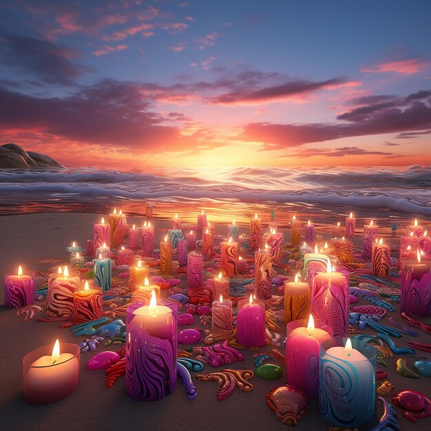 3d rendered photos of colorful candles on beach