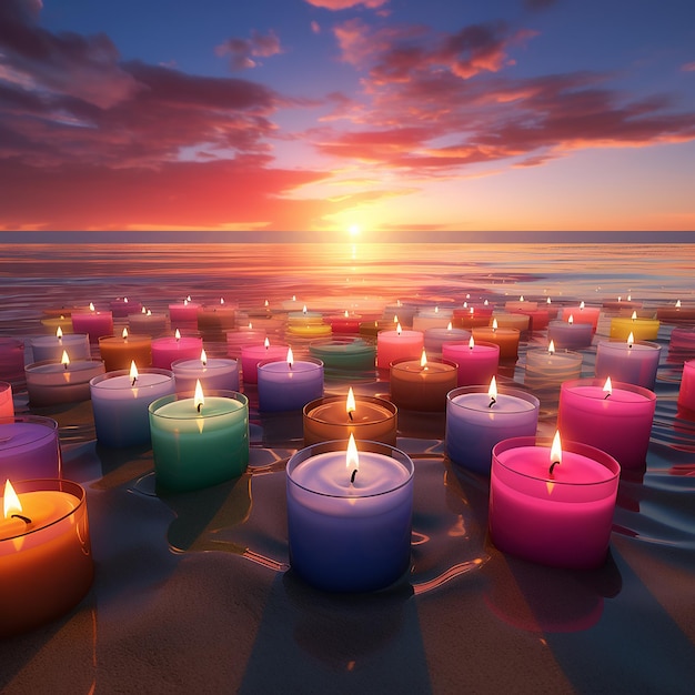 3d rendered photos of colorful candles on beach