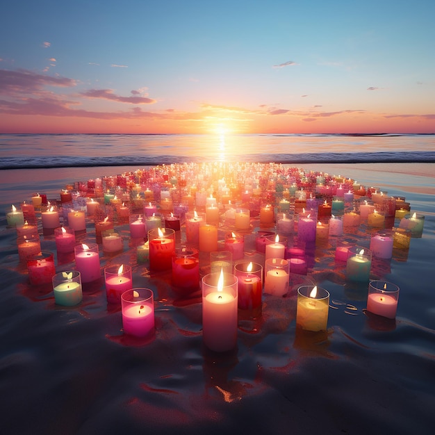 3d rendered photos of colorful candles on beach