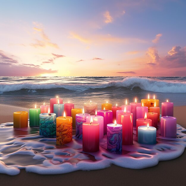 3d rendered photos of colorful candles on beach