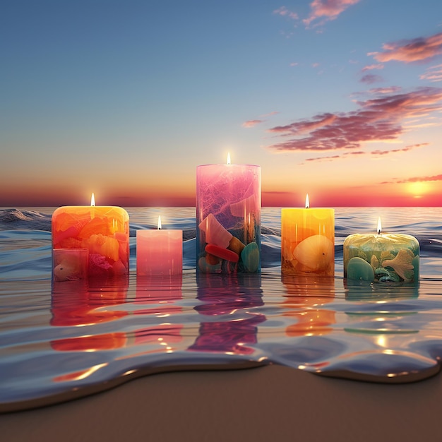 3d rendered photos of colorful candles on beach