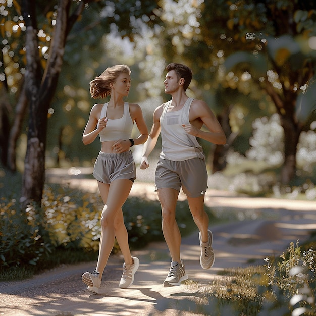 Photo 3d rendered photos couple is jogging in the park midday on a summer day photo for a magazine