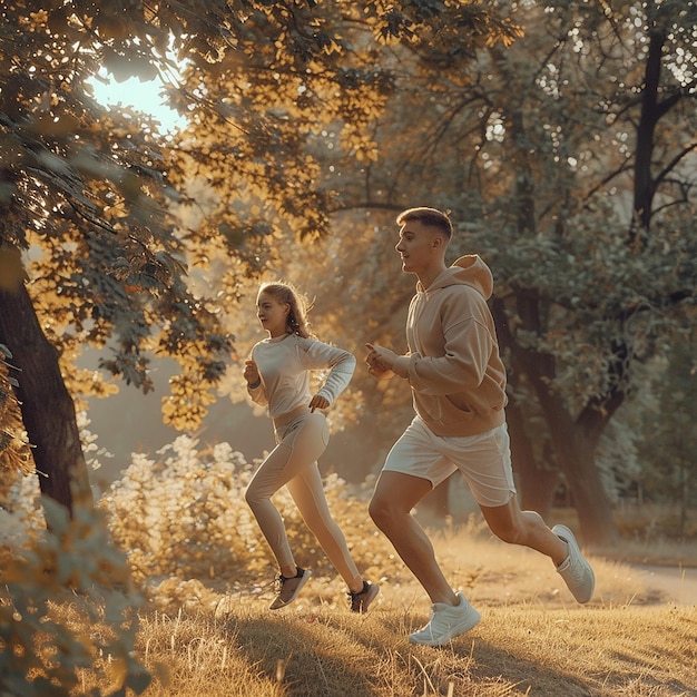 3d rendered photos couple is jogging in the park midday on a summer day photo for a magazine