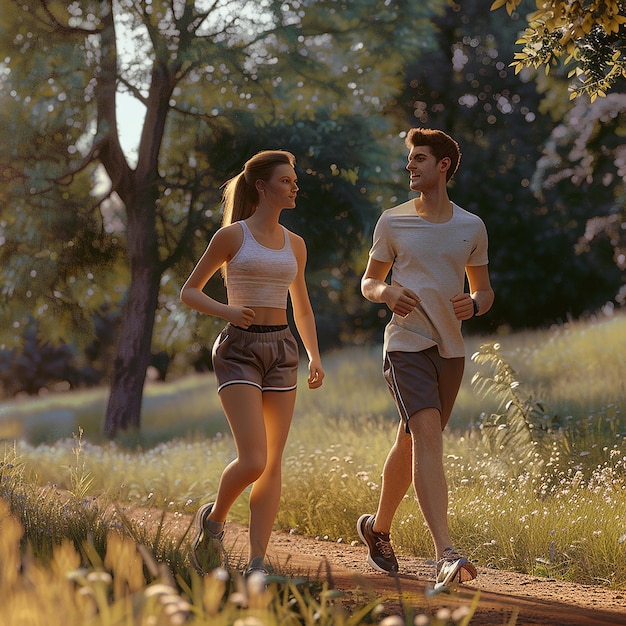 3d rendered photos couple is jogging in the park midday on a summer day photo for a magazine