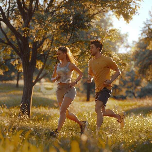 3d rendered photos couple is jogging in the park midday on a summer day photo for a magazine