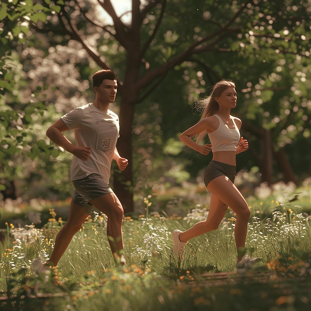 3d rendered photos couple is jogging in the park midday on a summer day photo for a magazine