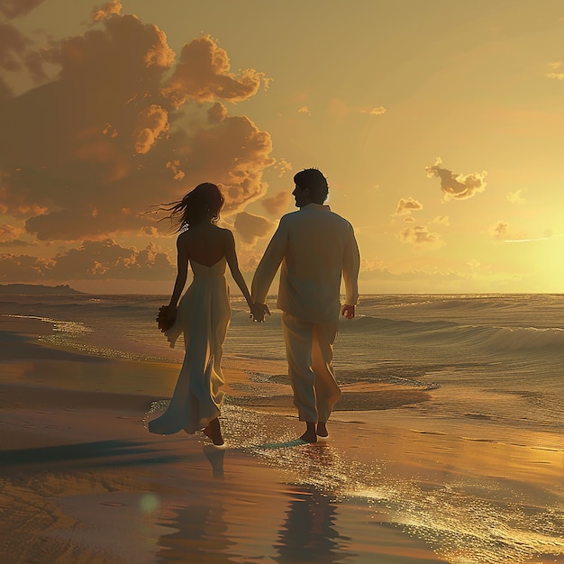 3d rendered photos of couple walking on beach in full dress with dusky view side view