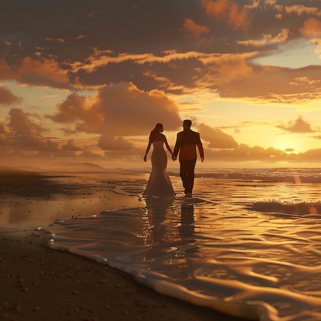 3d rendered photos of couple walking on beach in full dress with dusky view side view