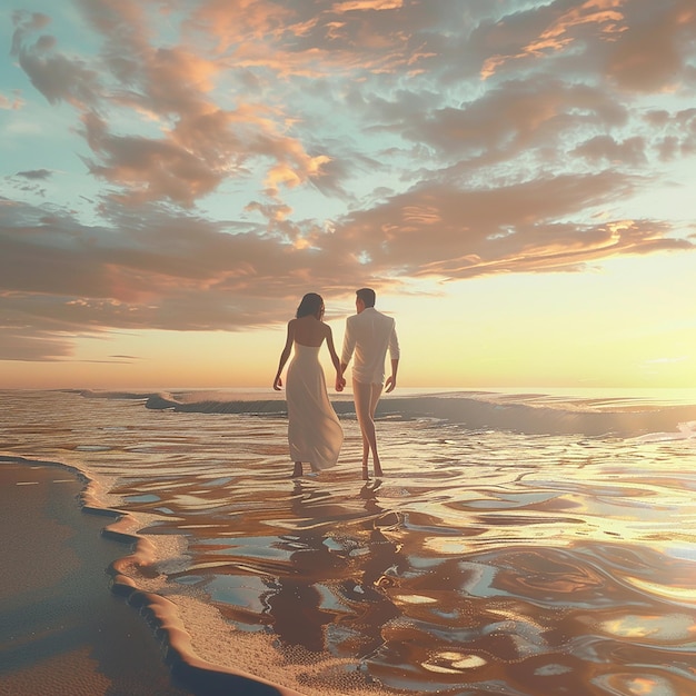 3d rendered photos of couple walking on beach in full dress with dusky view side view