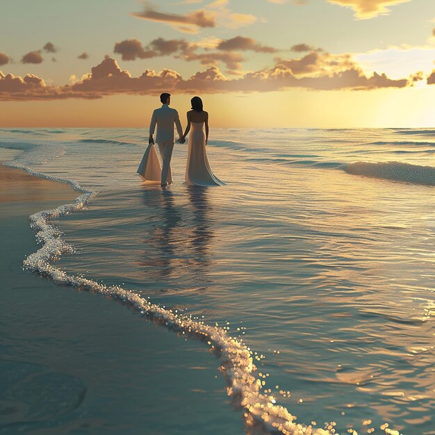 3d rendered photos of couple walking on beach in full dress with dusky view side view