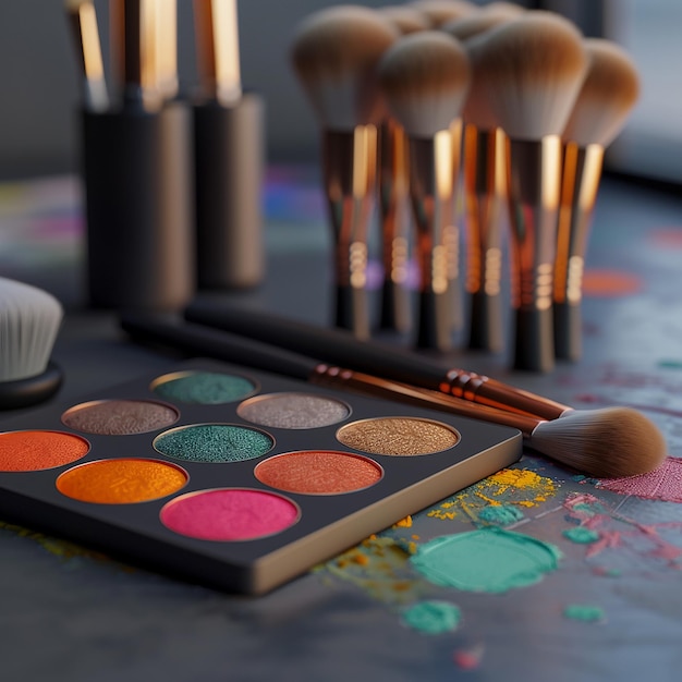 3d rendered photos of detailed cosmetics makeup brushes eyeshadow pallet