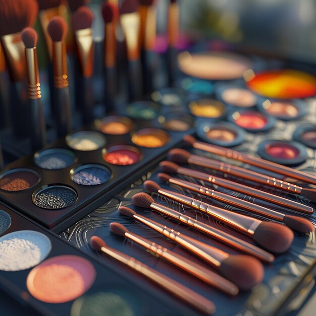 3d rendered photos of detailed cosmetics makeup brushes eyeshadow pallet