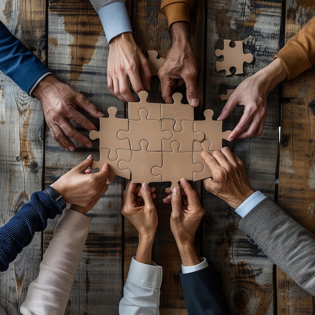 3d rendered photos of diverse people hands holding puzzle pieces representing team collaboration