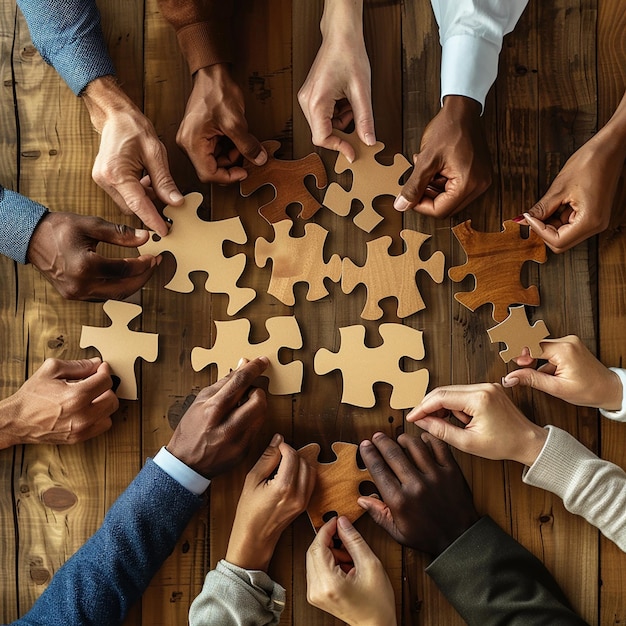 3d rendered photos of diverse people hands holding puzzle pieces representing team collaboration