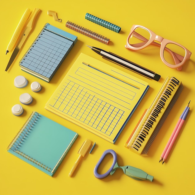 3d rendered photos of educational stationary on yellow background