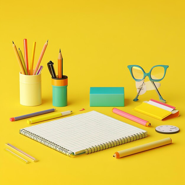 Photo 3d rendered photos of educational stationary on yellow background