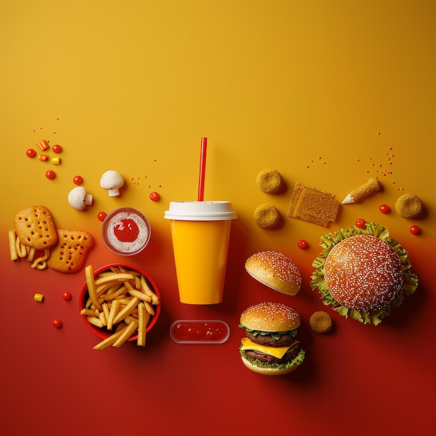 3d rendered photos of flat lay of fast food empty space for text on side or in center