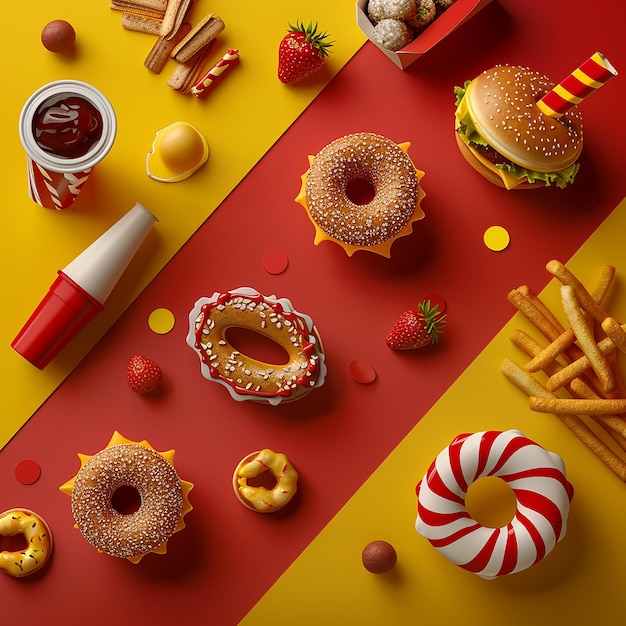 3d rendered photos of flat lay of fast food empty space for text on side or in center