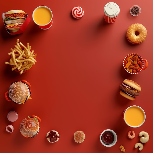 3d rendered photos of flat lay of fast food empty space for text on side or in center