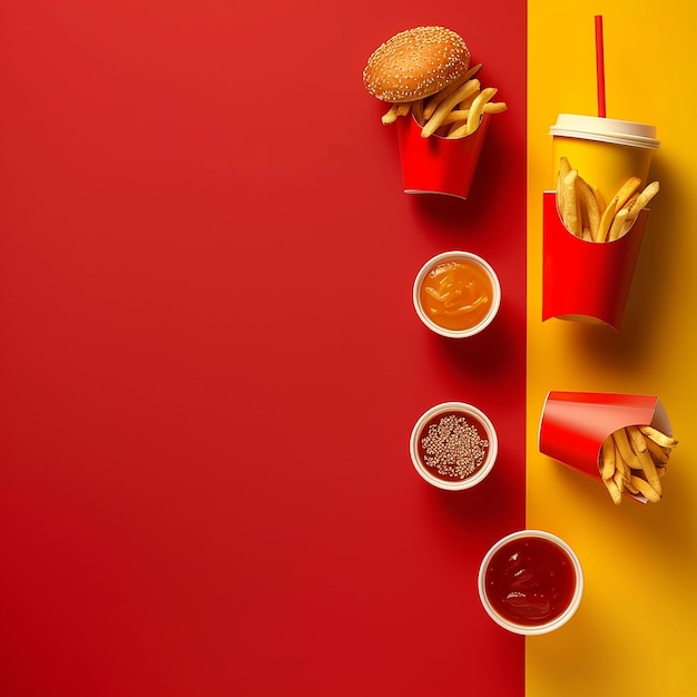 3d rendered photos of flat lay of fast food empty space for text on side or in center