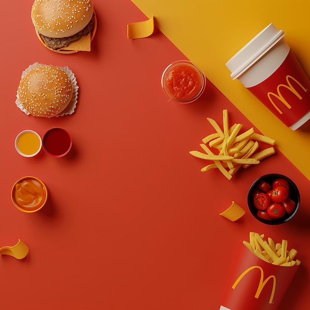 3d rendered photos of flat lay of fast food empty space for text on side or in center