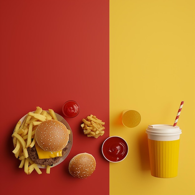 3d rendered photos of flat lay of fast food empty space for text on side or in center