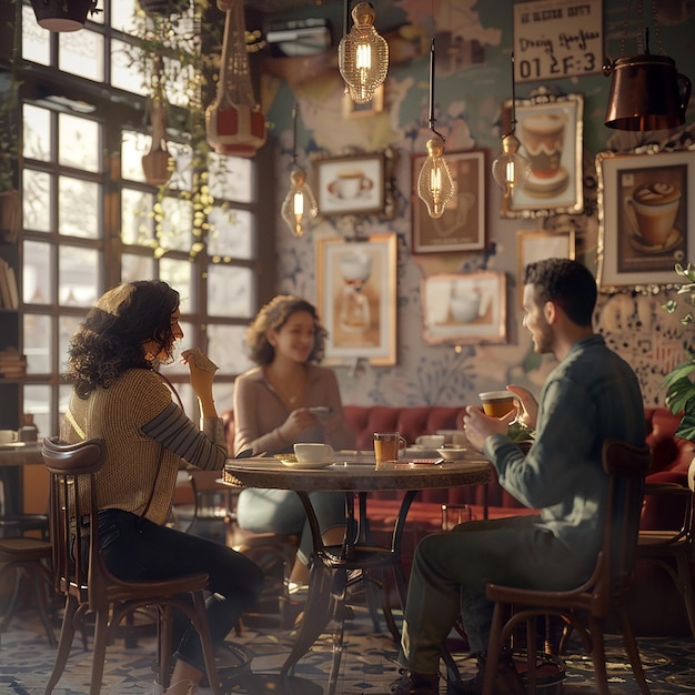 3d rendered photos of group of friends sitting in coffee shop beautiful cafe interior