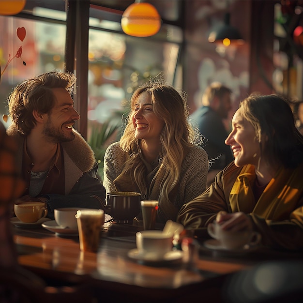 3d rendered photos of group of friends sitting in coffee shop beautiful cafe interior