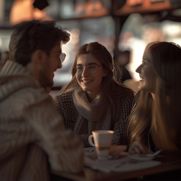 3d rendered photos of group of friends sitting in coffee shop beautiful cafe interior