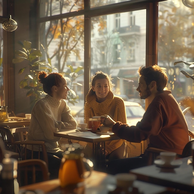 3d rendered photos of group of friends sitting in coffee shop beautiful cafe interior