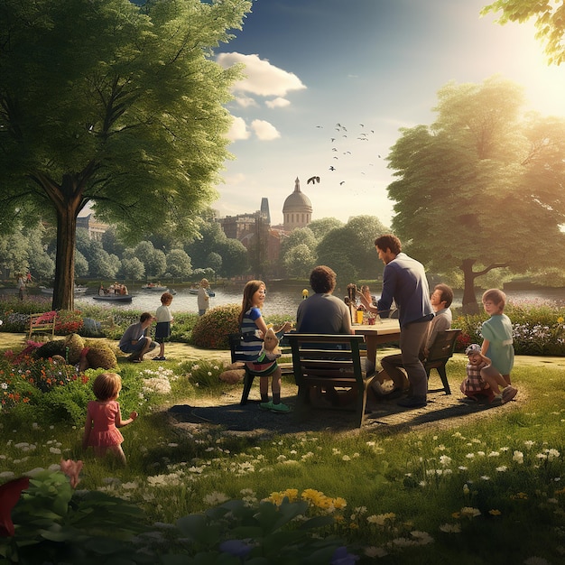 3d rendered photos of happy family enjoying in park