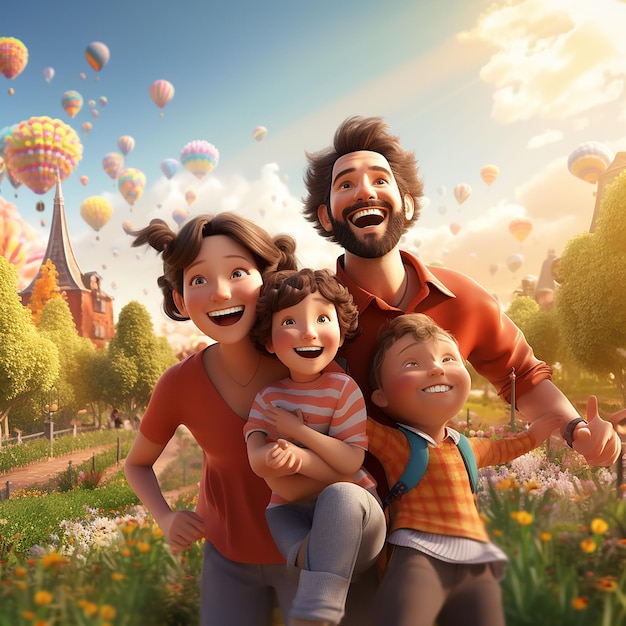 3d rendered photos of happy family enjoying in park